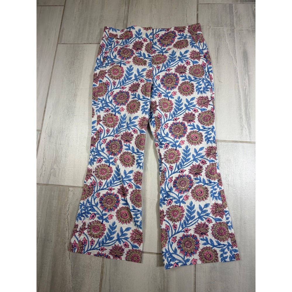 J.Crew Floral Block Print Cropped Flare Pants Pink Blue White Size 10